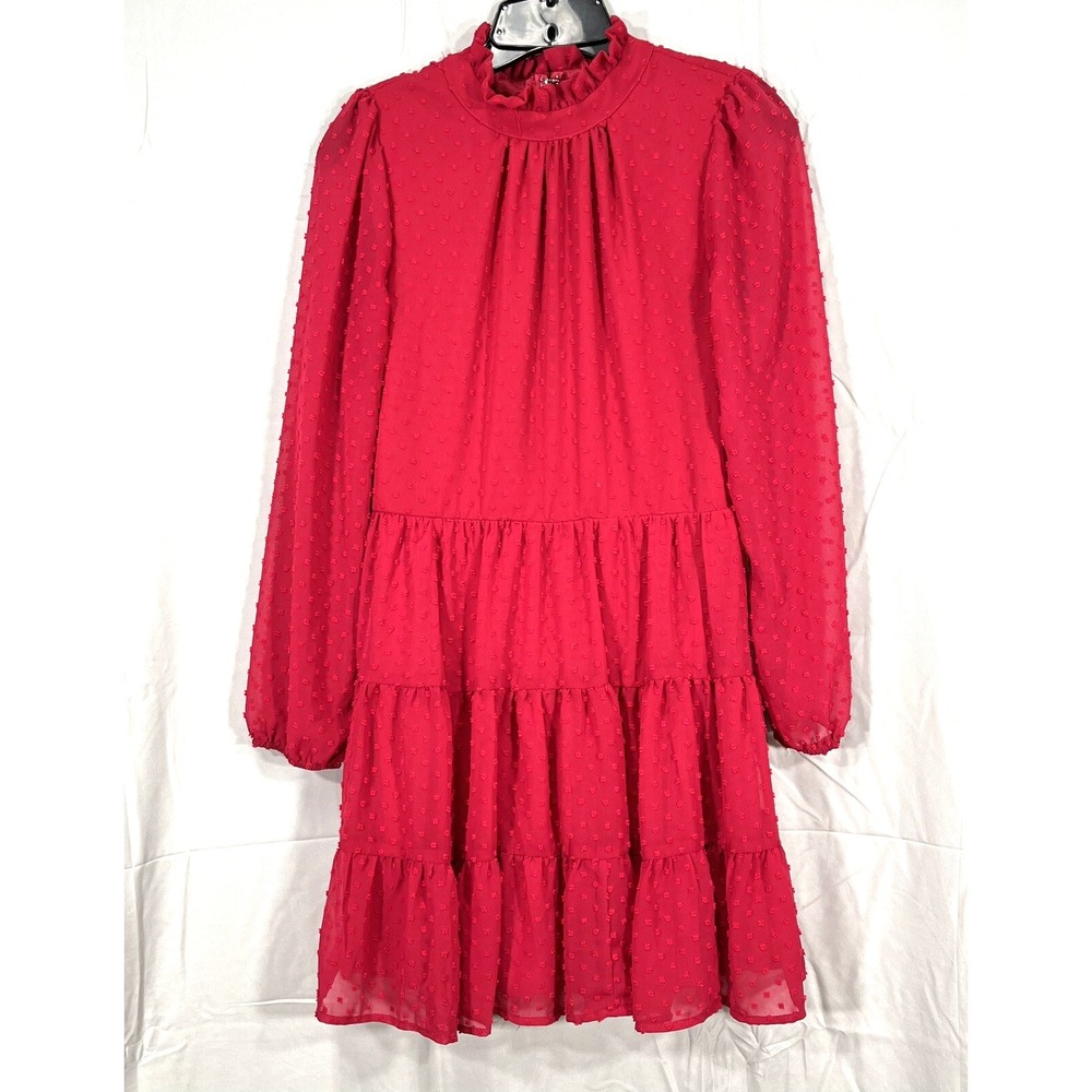 FRANCESCA'S Mi Ami RUBY RED Swiss Dot Chiffon SHEER BACK/SLEEVES Tiered Dress M